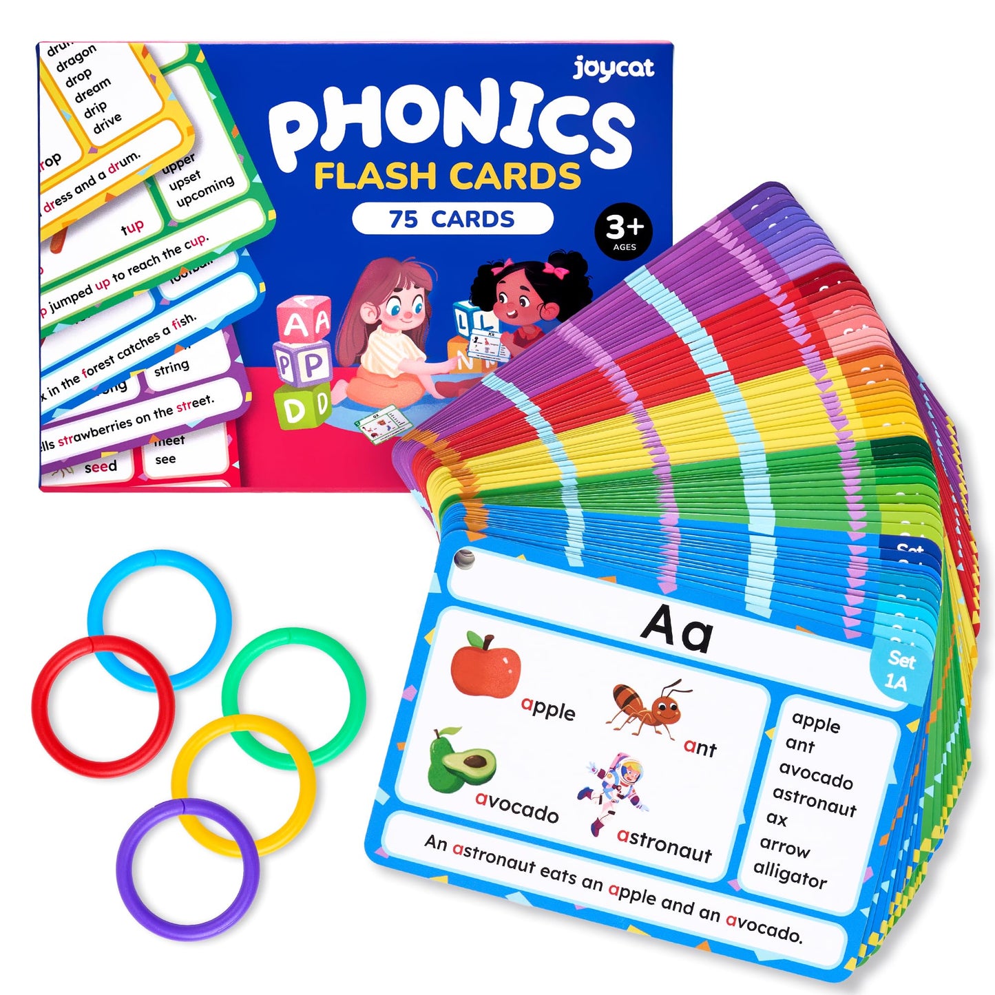 Joycat 75 Pack Phonics Flash Cards-Learn To Read Alphabet And Cvc Words In 25 Stages-Games For Kids Ages 3-8 Preschool Kindergarten 1St 2Nd Grade Homeschool Educational Learning Activities