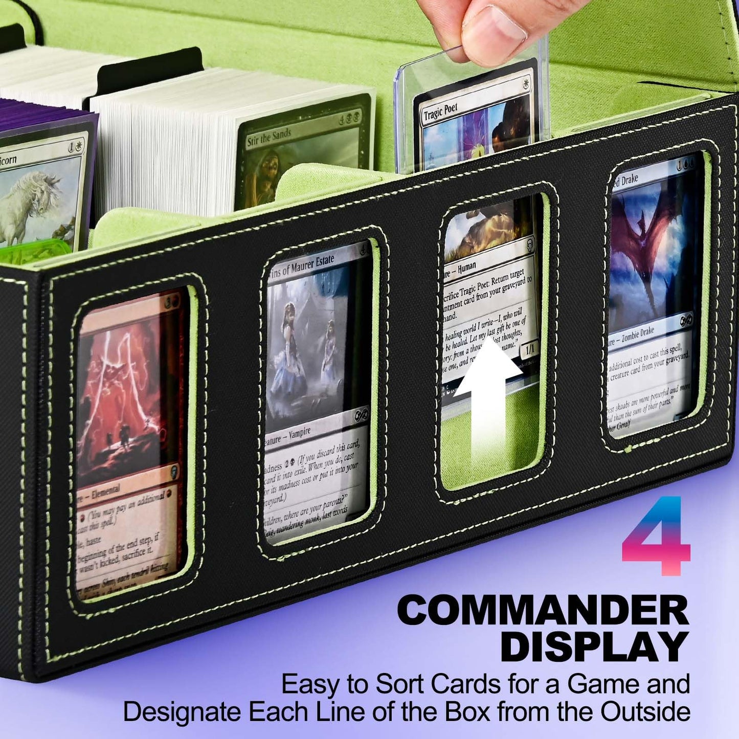 Uaono Trading Card Storage Box With Commander Display; 2400+ Deck Box For Mtg With Removable Cover; Toploader Card Case Fits Magic Tcg Ptcg Sports Cards; 24 Dividers, 4 Stoppers (Black, Lemon Green)
