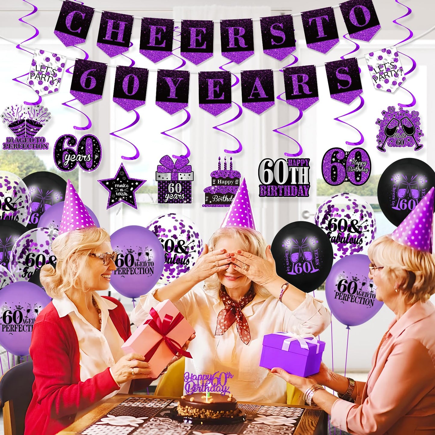 Purple 60Th Birthday Decorations For Women Men Purple Black 60Th Birthday Banner Hanging Swirls 60Th Birthday Balloons Happy 60Th Birthday Cake Topper For Purple Cheer To 60 Years Party Supplies