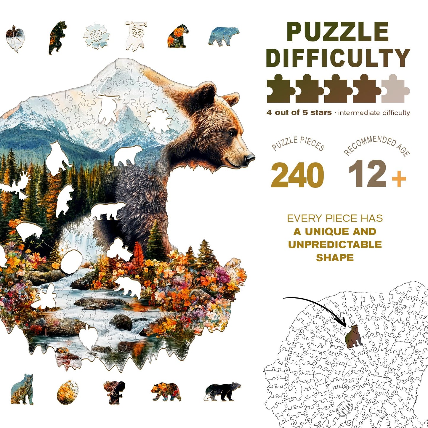Wooden Puzzles for mature-themeds - Bear and Nature Wooden Jigsaw Puzzle - Unique Animal Shaped Wood Puzzles mature-themed - Christmas Birthday Gifts for mature-themeds/Friends/Family - 240pcs 13.3 * 13.5in