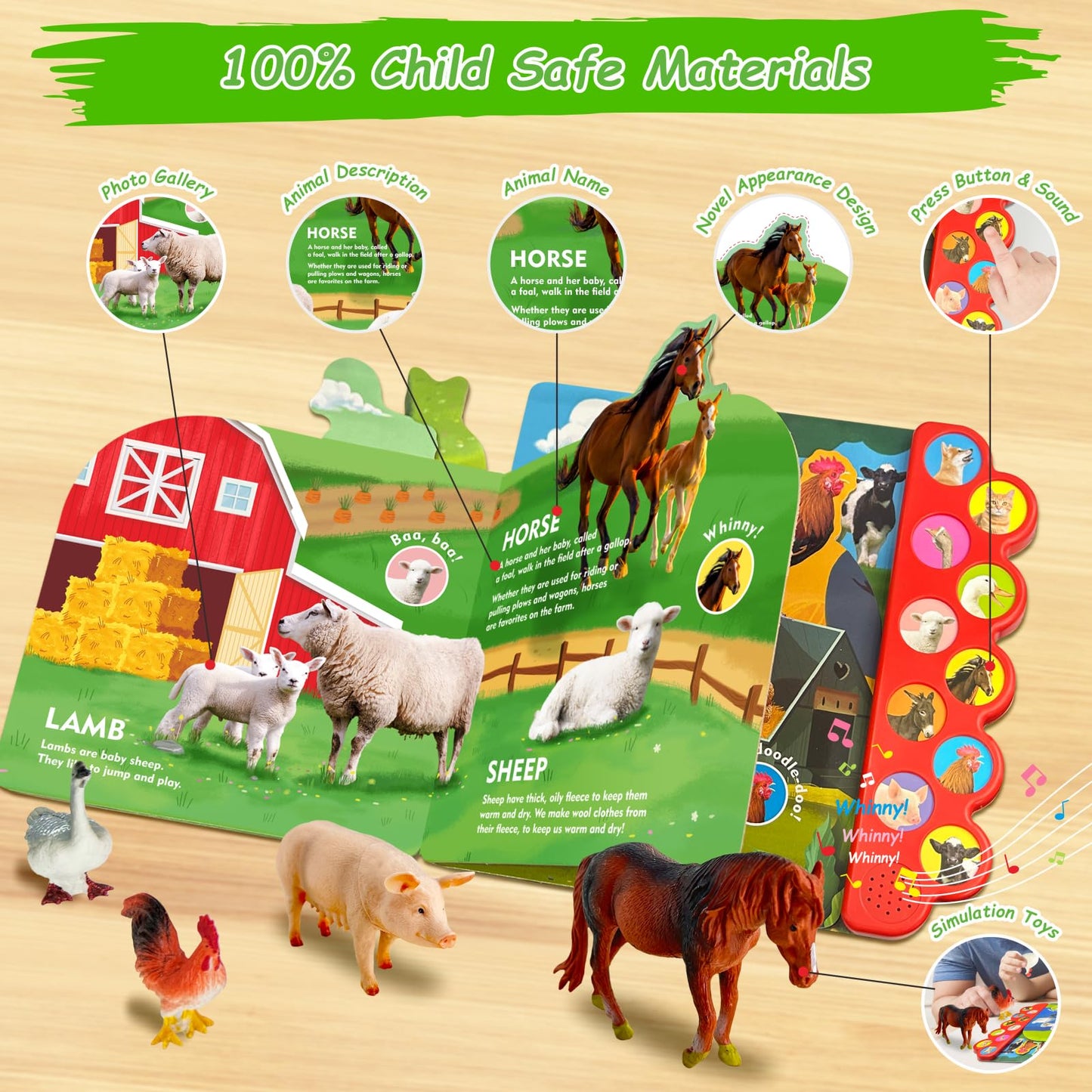 Igratens Farm Animals Figures Toys With Sound Books, 10Pcs Farm Animals For Toddlers & Animal Sound Books With 10 Buttons, Plast