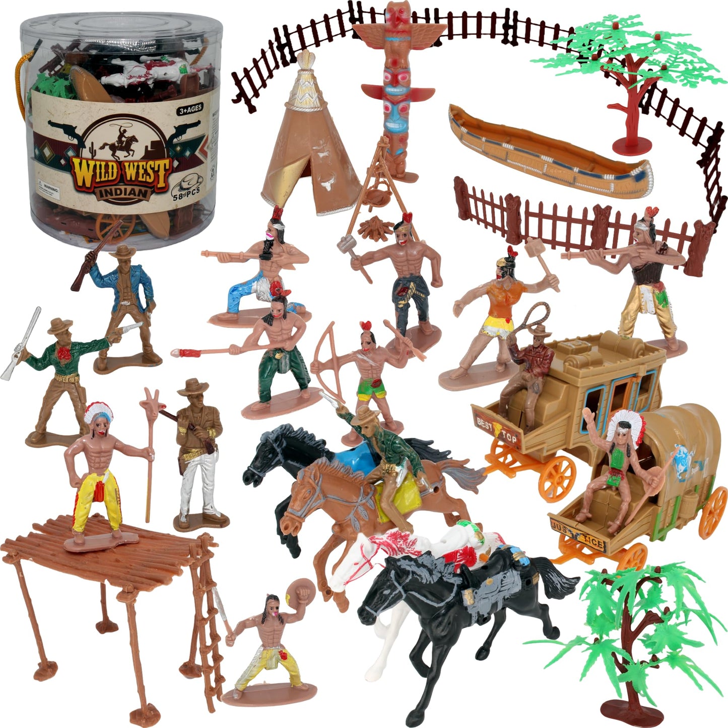 PowerTRC 58 Pcs Wild West Cowboys and Indians Plastic Figures Toys Play Set, Toy Figure Action Soldiers and Native American Acce