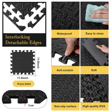 Shihanee Foam Floor Baby Tiles - Interlocking Play Mats, 16ft, Black, Foam for Kids Playroom and Nursery