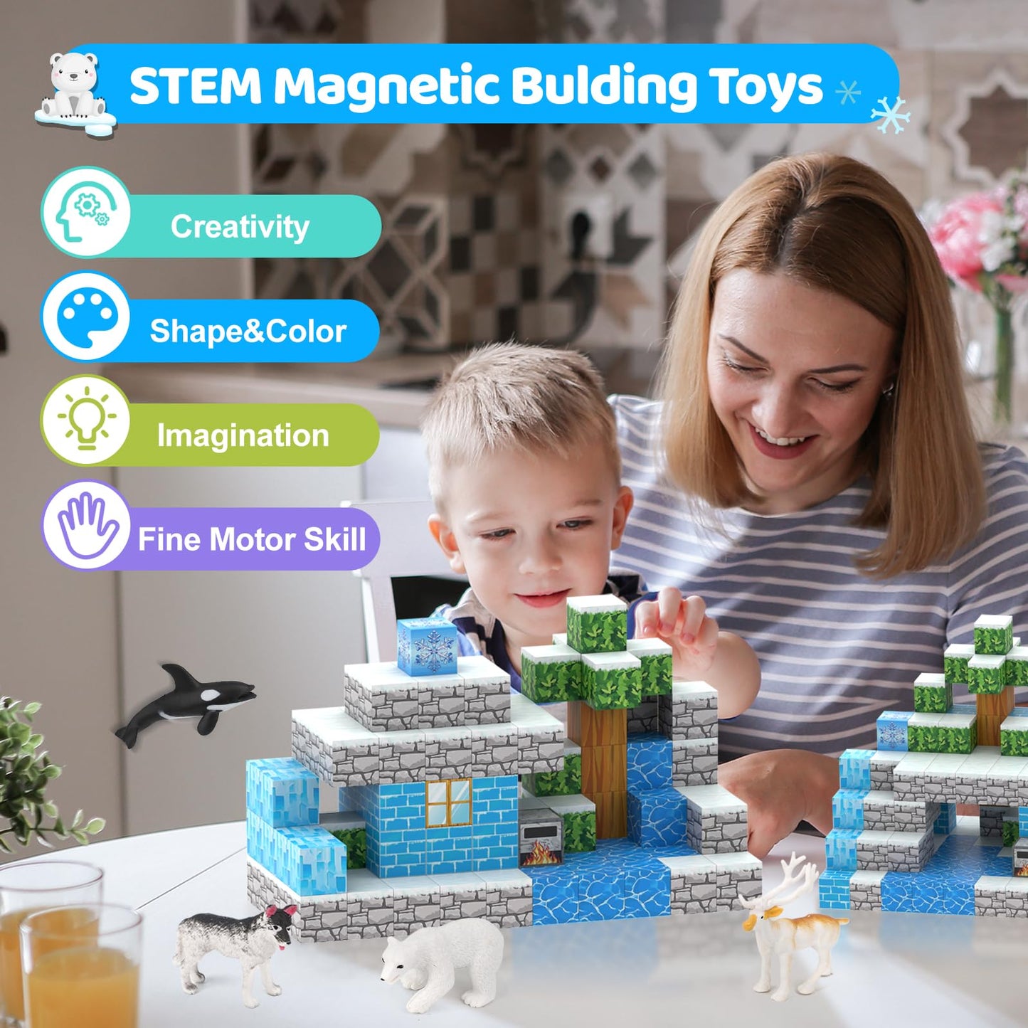 Magnetic Blocks 110Pcs With 6 Animal Toys, Mine Frozen Snow Magnet World Building Blocks Set, Toys For Boys & Girls Age 4-6,5-7,
