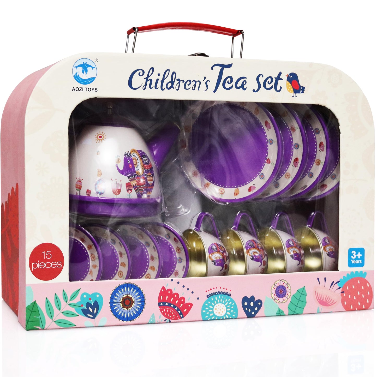 Kiddie Play Tea Set For Little Girls, Pretend Play Tea Party Set, Elephant Design Kids Tin Tea Set With Carrying Case (15 Pcs)