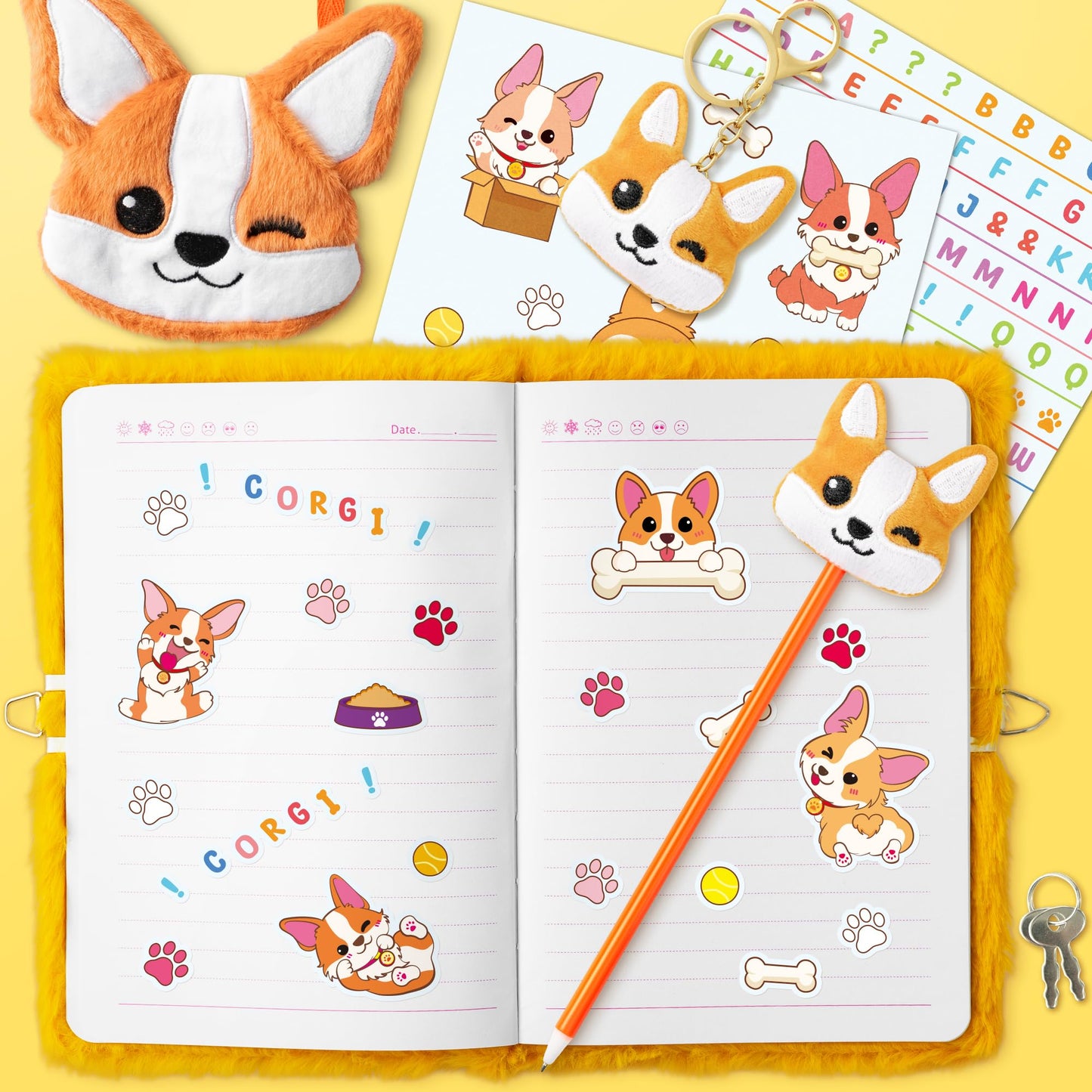 Cy2Side Corgi Dog Diary Set - 6Pcs Corgi Diary With Lock And Keys For Girls, Corgi Plush Secret Journal Diary Journaling Set For Writing, Make Your Own Scrapbook With Crafts Idea Gift For Teen Girls