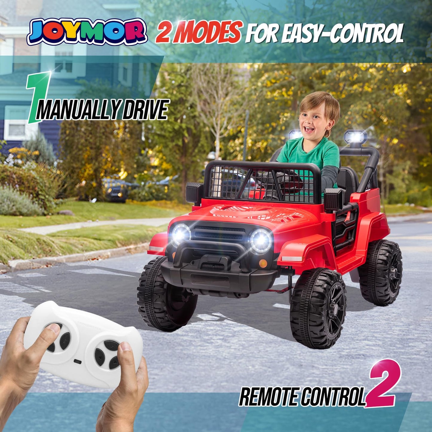 Joymor 12V Kids Ride On Truck With Remote Control, 4 Wheels Battery Powered Kids Car, Electric Play Car With Led Lights/Horn/Remote And Manual Control/3-5 Mph Speed/Gift For Girl Boy (Red)