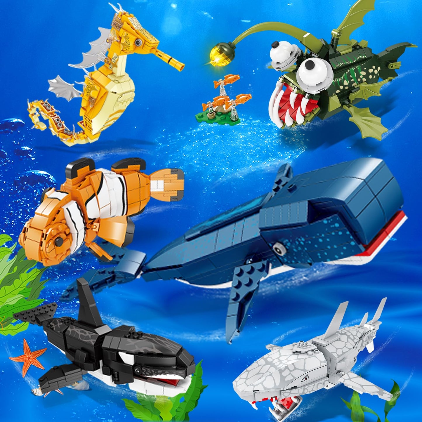 Kazi Whale Toys Building Set,Deep Sea Creatures Building Blocks,Ocean Animal Toy For Kids Ages 6 7 8 9 10 Plus,Blue Whale Sea An