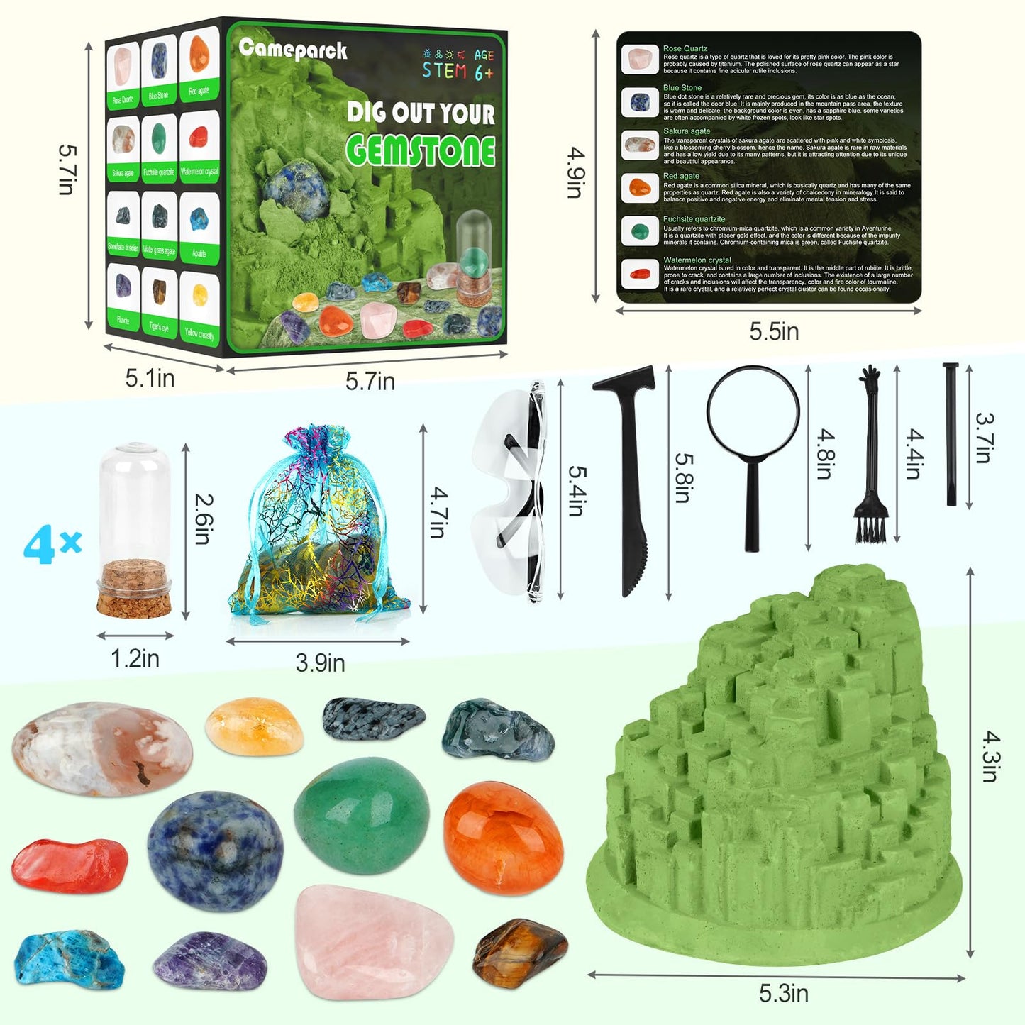 Gemstone Dig Kit (Unique Shape),Great STEM Science Kit for Kids- Excavate Your Own 12 Real Gemstones,Educational DIY Toys,Gem Di