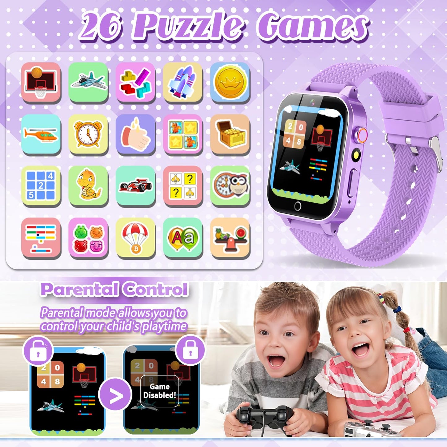 Smart Watch For Kids Girls Age 3-12 With 26 Puzzle Games Hd Video Camera Touchscreen Music Player Learning Cards Storybook Pedom