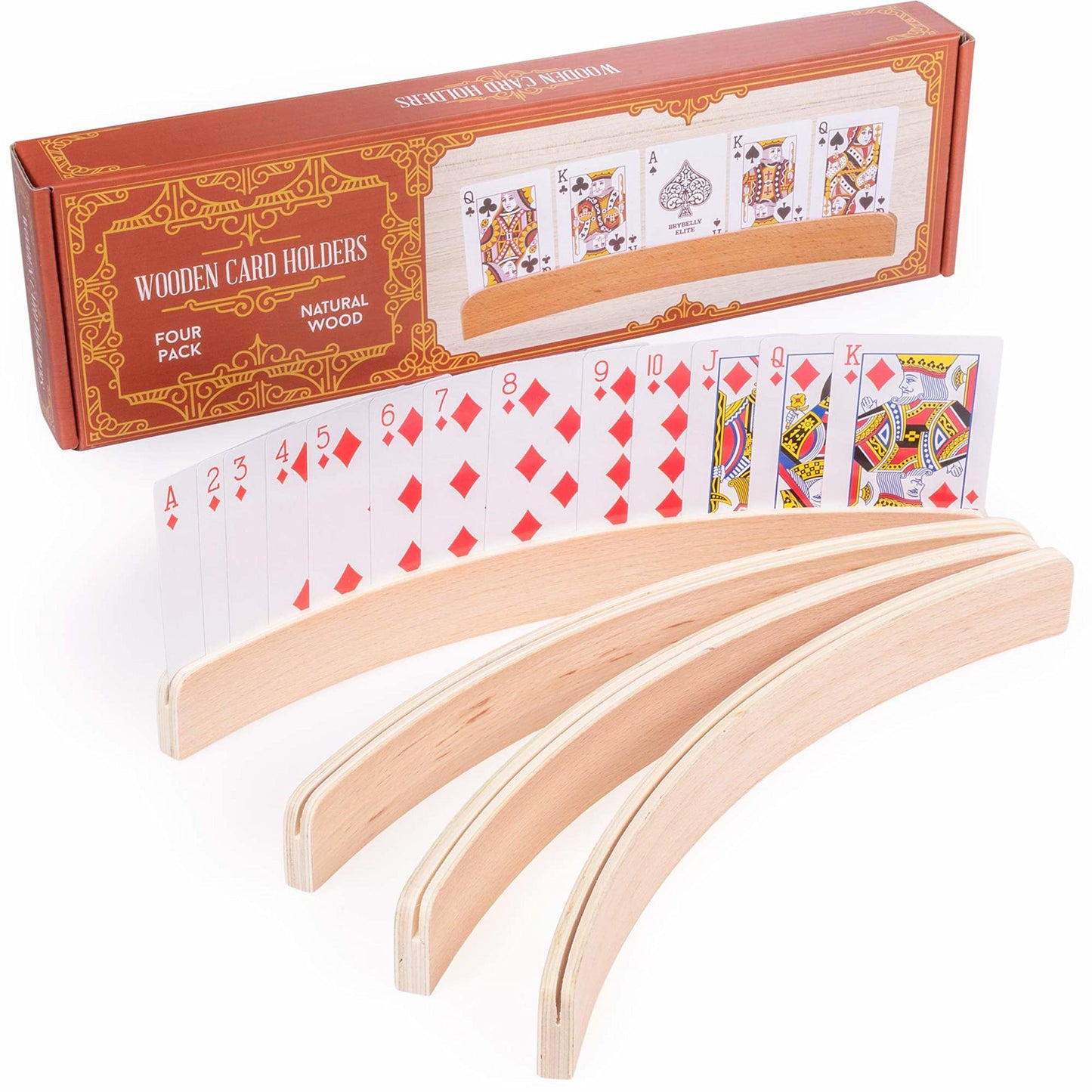 4-Pack Premium Wooden Card Holders | Holds Up To 20 Cards Hands-Free | Curved Wood Playing Card Organizer For Adults, Kids, & Se