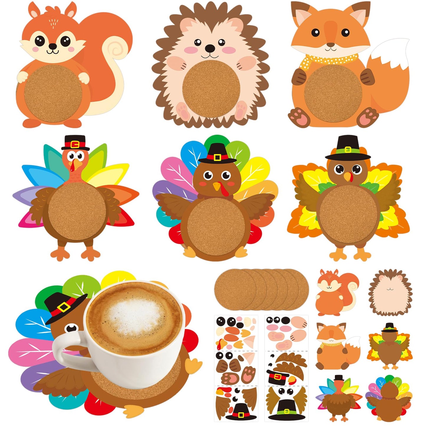 AUGTHEEP 24 Sets Thanksgiving Turkey Coaster Craft Kit Fall Animal DIY Craft for Turkey Hedgehog Art Coasters Make Your Own Cup