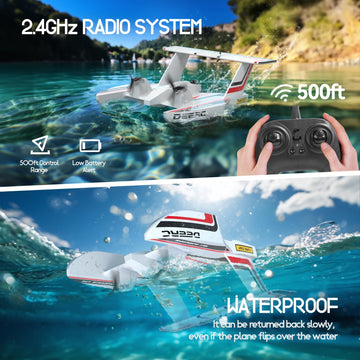 Deerc Rc Plane For Water Land & Air, Amphibious Tri-Phibian Aircraft, 3Ch Remote Control Plane W/ 2 Batteries, 2.4Ghz Rtf Airpla