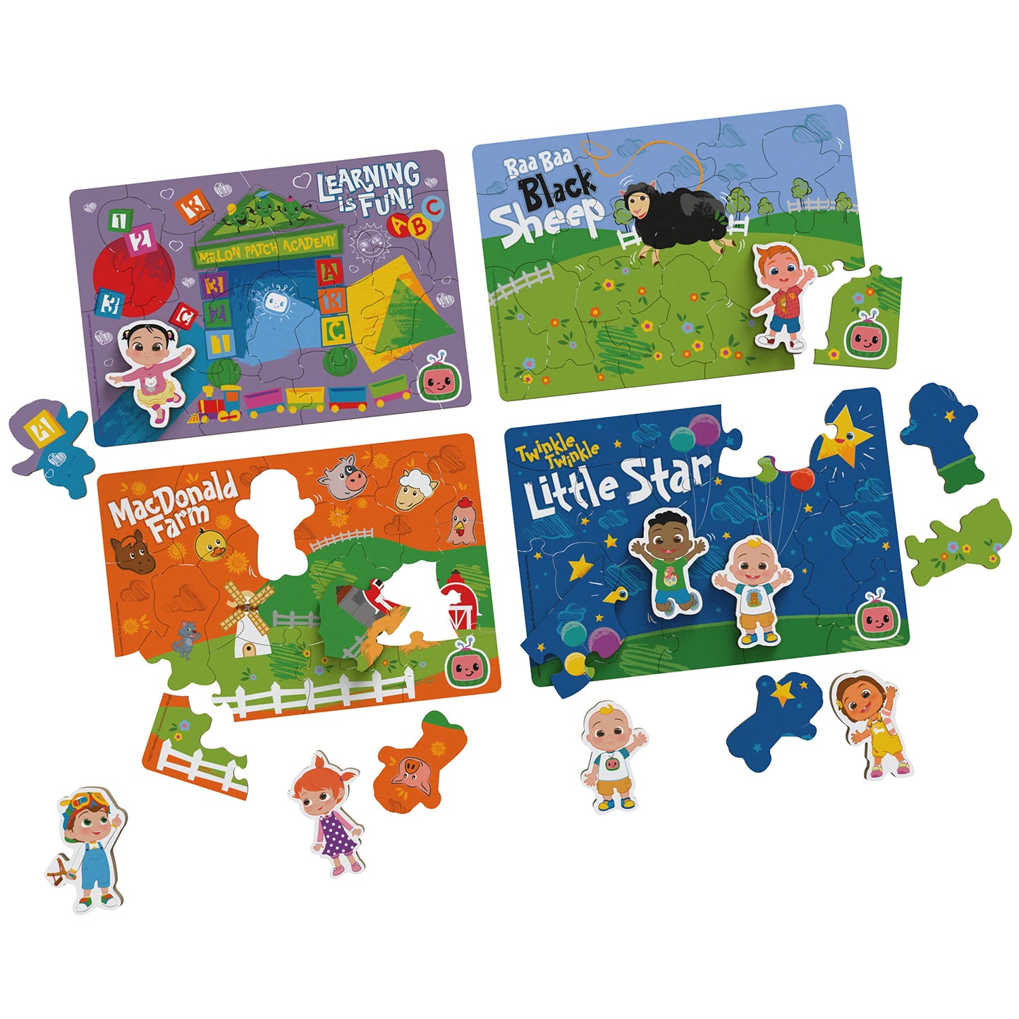 Cocomelon, 4-Pack Wooden Puzzles, 18-Pieces Each Jigsaw Toy Gift Set With Interchangeable Characters, For Kids Ages 3 And Up