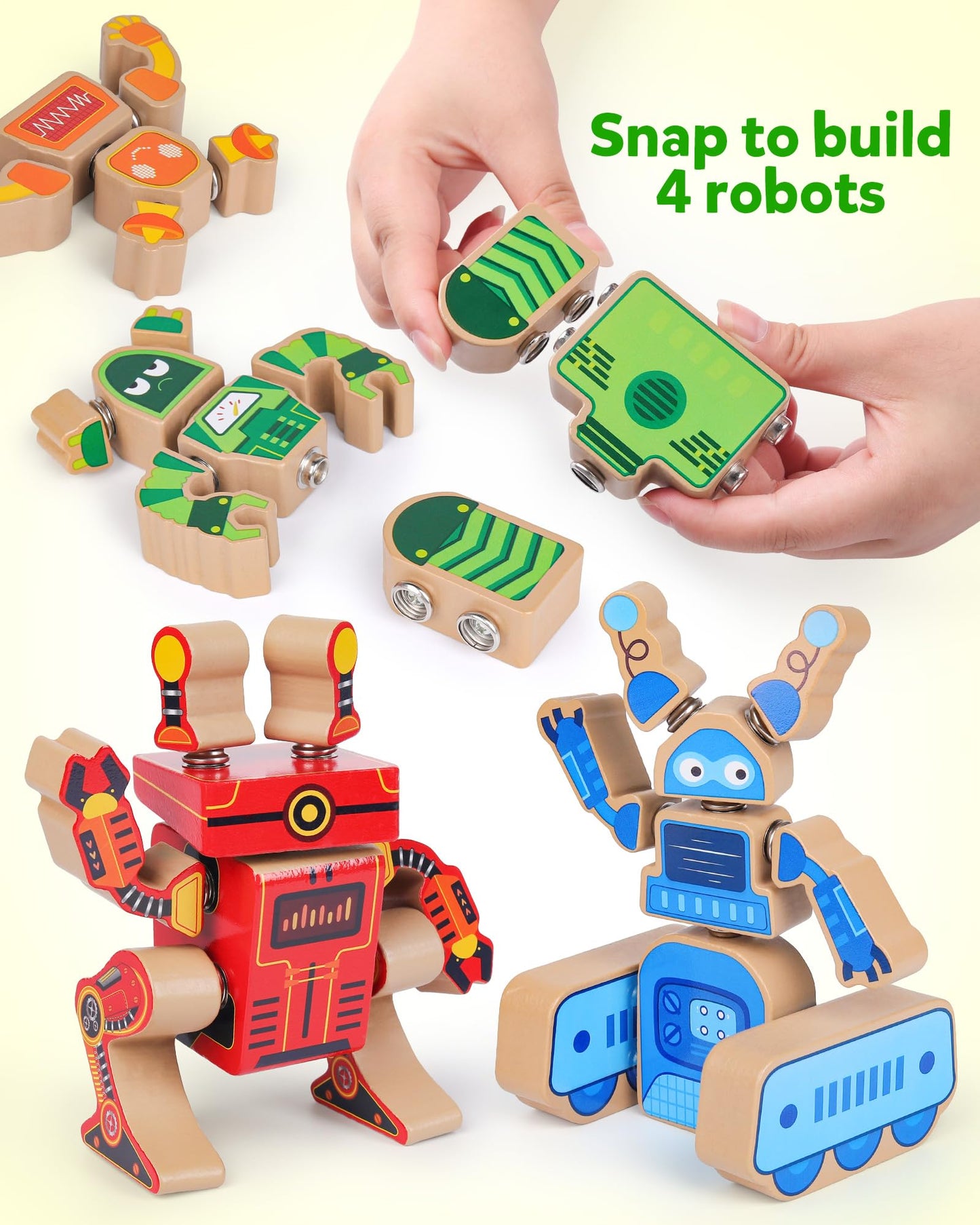 Coogam Fine Motor Building Robot Blocks For 3 4 5 Years Old Kids, Wooden Snap Together Robot Builders, Stem Take Apart Robot Playset, Educational Learning Toy Gift For Boys Girls