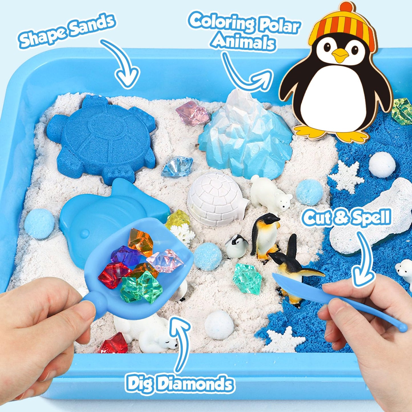 G.C Winter Polar Sensory Bin for Kid, Snow Play Sand Toy Kit with Sandbox/Sensory Sand/Arctic Animals Figures, Ice Wonderland Se