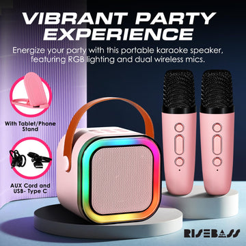Risebass Mini Karaoke Machine For Kids Adults, Portable Bluetooth Speaker With 2 Wireless Microphones,Toys Birthday Gifts For Gi