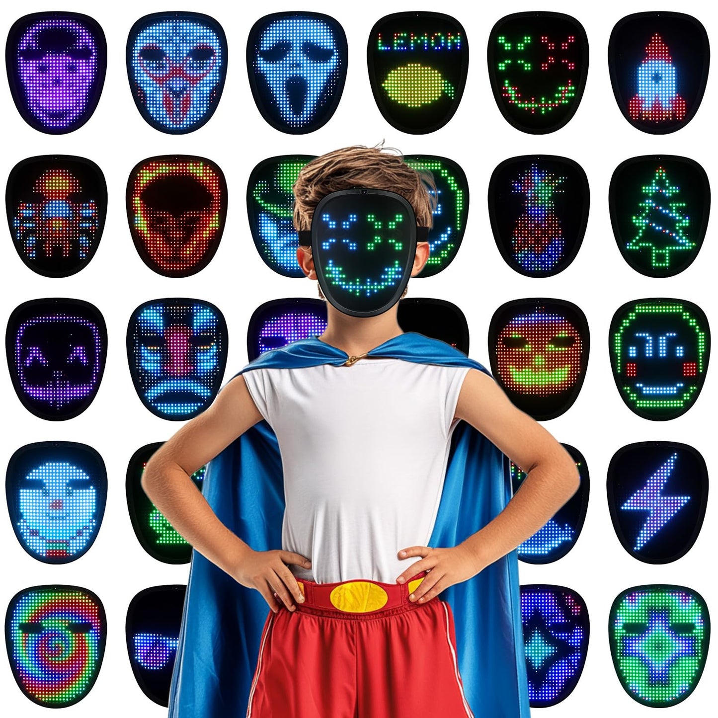 Envyvip Rechargeable LED Mask for Teen Boys & Girls, Gesture Control Halloween Costume Mask Kids Birthday Gifts, 30 Static + 40