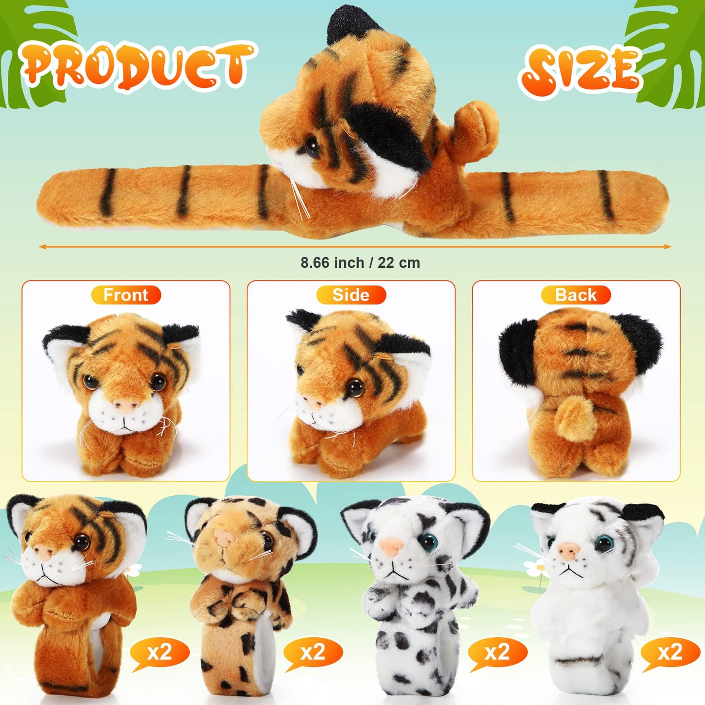 Lenwen 8 Pcs Tiger Leopard Stuffed Animals Slap Bracelets for Kids Plush Animal Cute Wrist Slap Bands for Birthday Party Favors