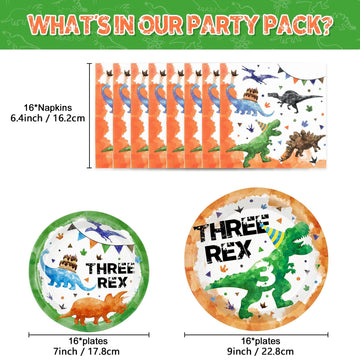 Wernnsai Watercolor Dinosaur Party Supplies - 48 Pcs Dinosaur 3Rd Birthday Party Tableware Bundles For Boys Kids Three Rex Disposable Plates And Napkins Dino Theme Party Decorations Serves 16 Guests