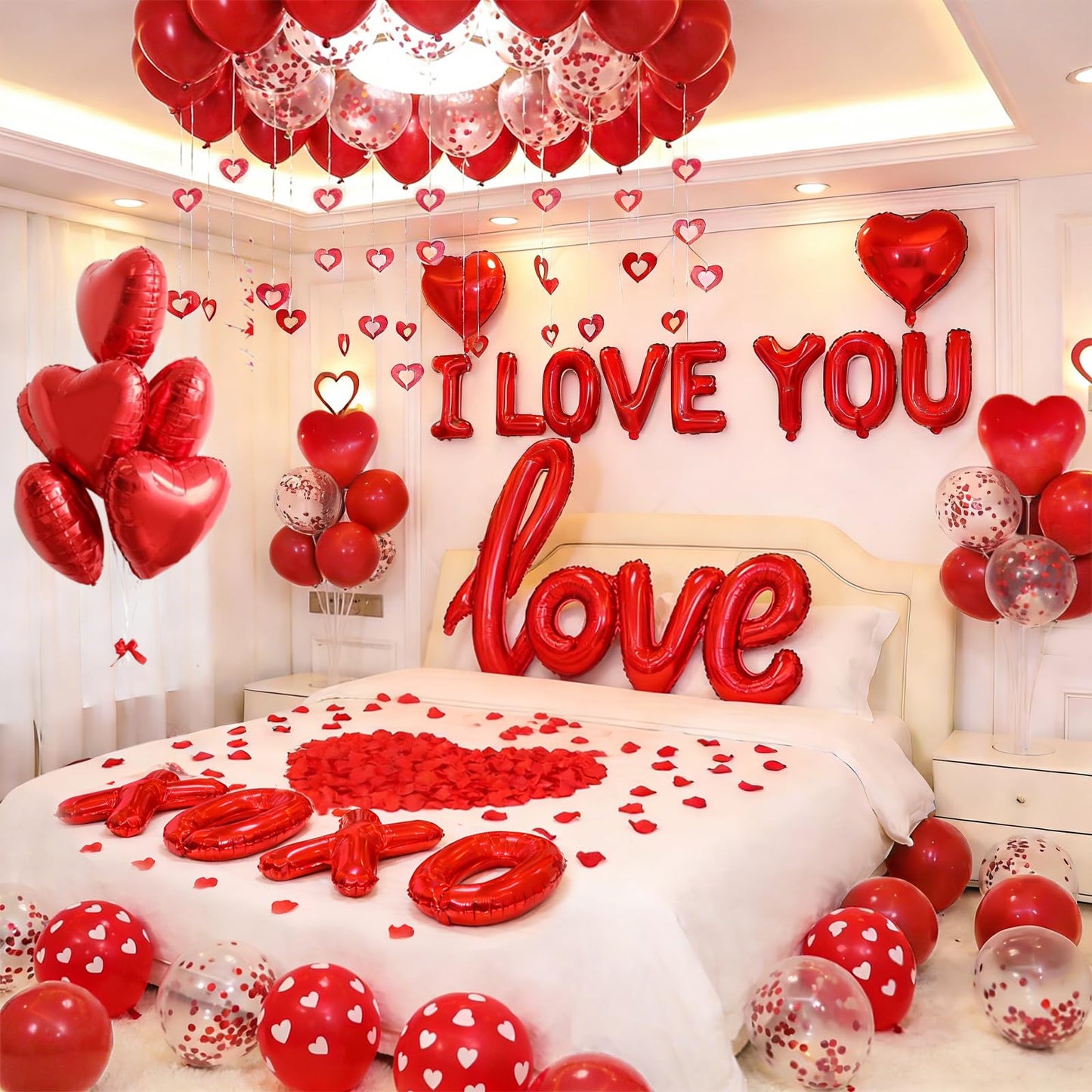 1100PCS Valentines Day Balloons Kit with XOXO, Red Heart and I Love You Balloons,1000 Silk Rose Petals, 50 Heart Hangers for Va