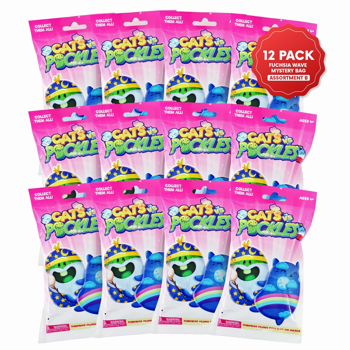Cats Vs Pickles 12Pk Mystery Bags Fuchsia Wave B 4' Bean Filled Plushies | Blind Bags For Girls And Boys | Surprise Bean Collectibles | Sensory Friendly Mystery Bag Toys For Kids & Adults | 12-Pack