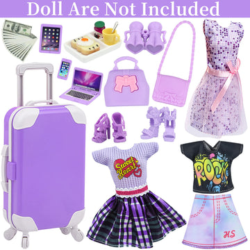 18INDC 17 Pcs Doll Clothes and Accessories Suitcase Travel Set - Miniature Laptop Computer Tablet Phone Suitcase Backpack Bag Clothes Set Shoes Telescope Dollars Omelette Toast Set for 11.5 Doll