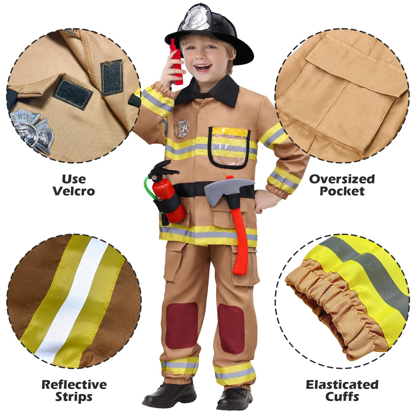 Tacobear Firefighter Costume for Kids, Brown, M (7-8Y), Polyester, Complete Accessories, Dress Up Toy for Birthday & Halloween