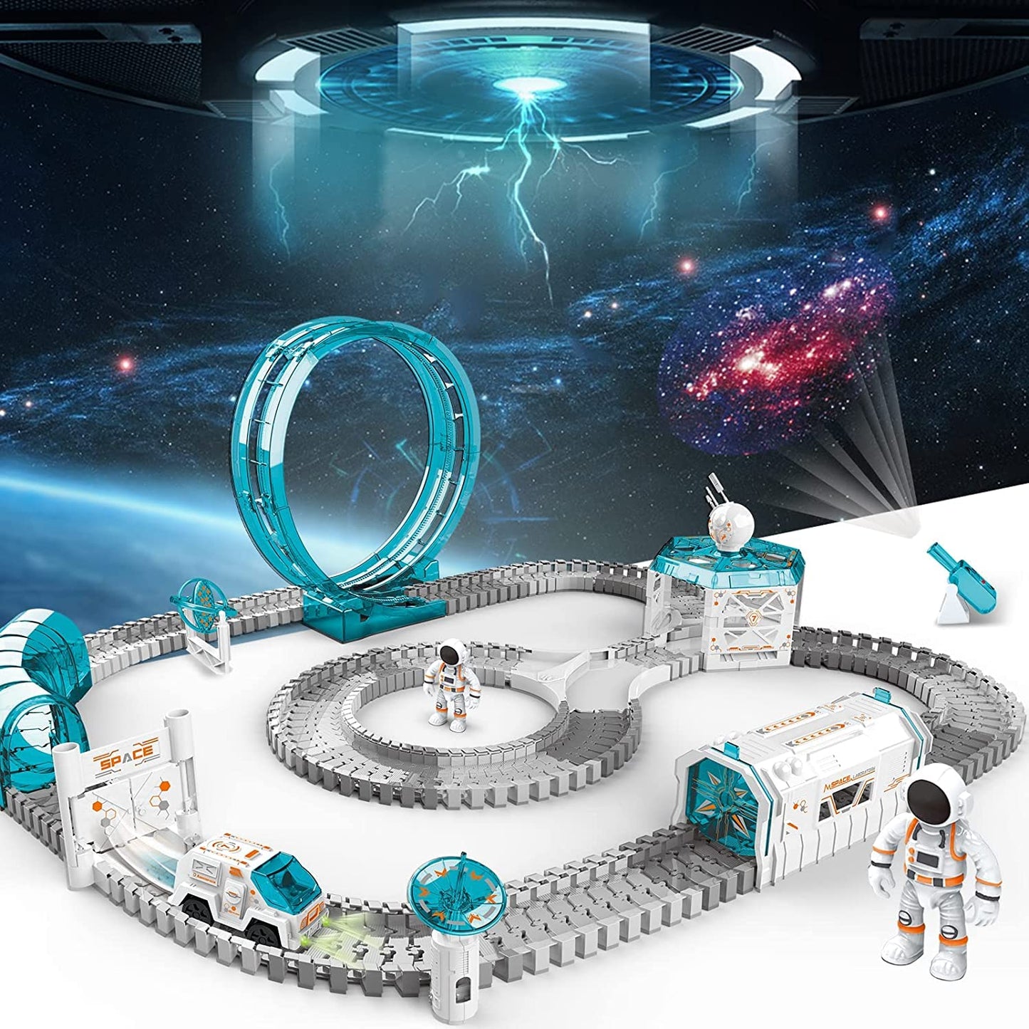 Vanlinny Space Toys For Kids, 204Pcs Train Toys For Boys 6-8 With 1 Mini Star Projector, 1 Light Up Car And 2 Astronaut Dolls, Flexible Race Track Birthday Xmas Gifts Set For Girls Boys 4-7