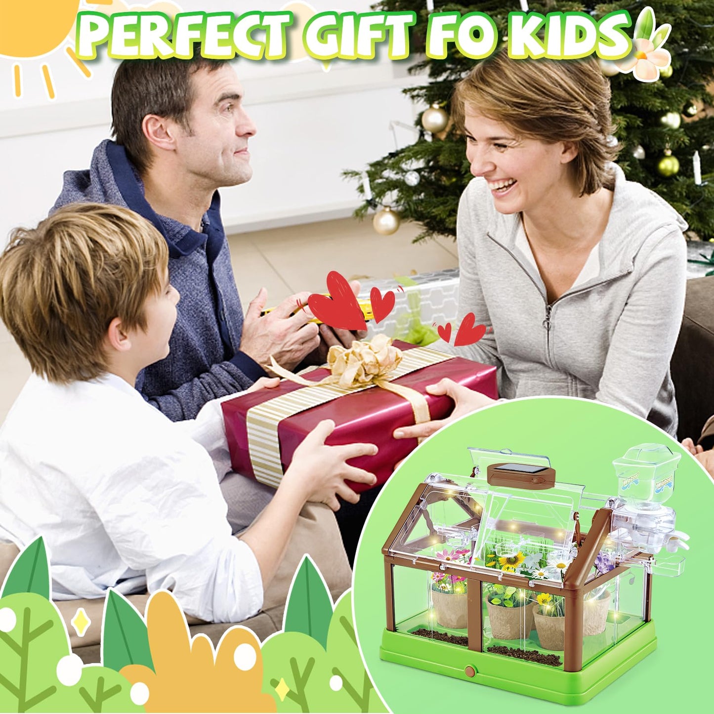 Duyoyu Kids Plant Growing Kit - Kids Greenhouse & Flower Growing Kit With Upgraded Irrigation & Grow Light – Perfect Gardening For Kids(Solar Green)