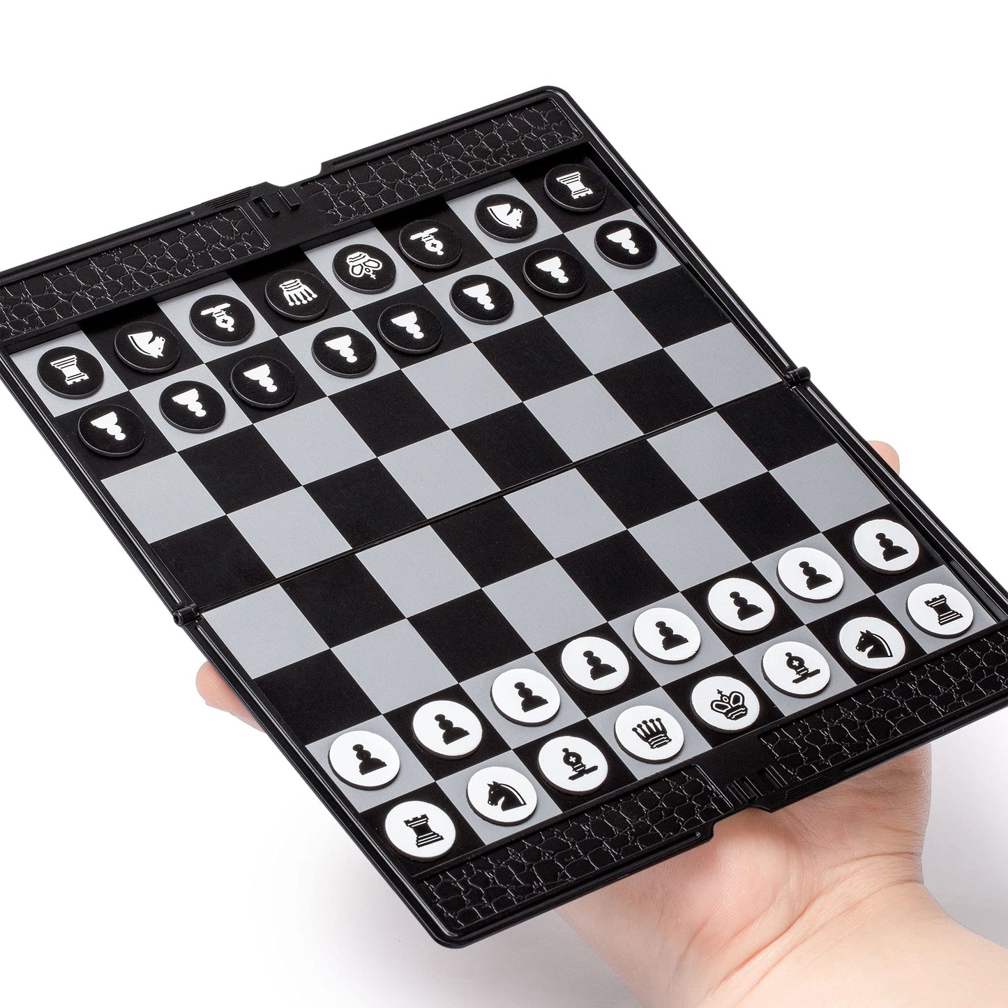 Yellow Mountain Imports Magnetic Travel Chess Set - 7.9-Inch Foldable Wallet, Black and White, Portable Plastic Design