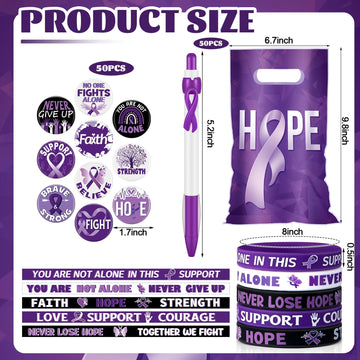 Supervitae 200 Pcs Purple Ribbon Awareness Accessories, Include 50 Purple Ribbon Gift Bags 50 Purple Awareness Wristband 50 Purp