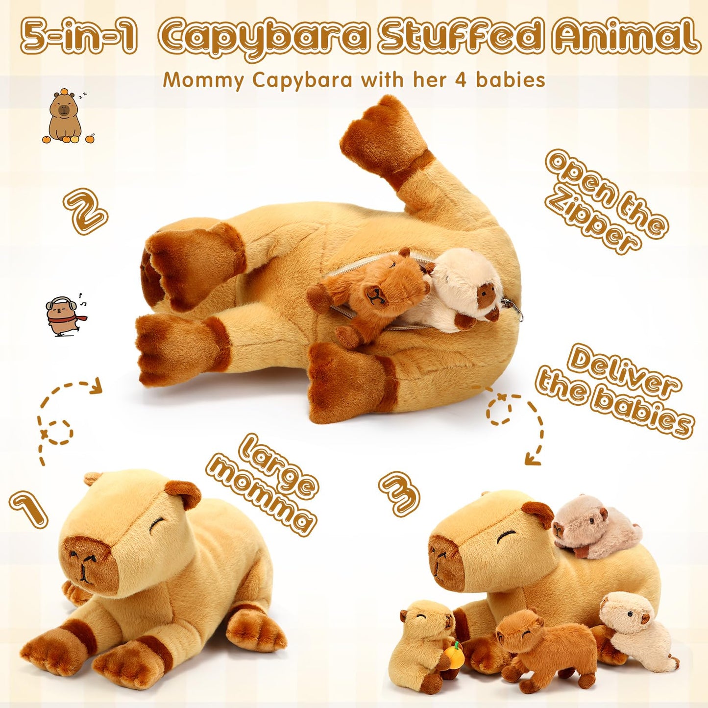 Pullcrease 5 Pcs Capybara Stuffed Animals 15.75'' Capybara Mommy With 4 Cute Babies Set Soft Capybara Plushies For Girls Birthda