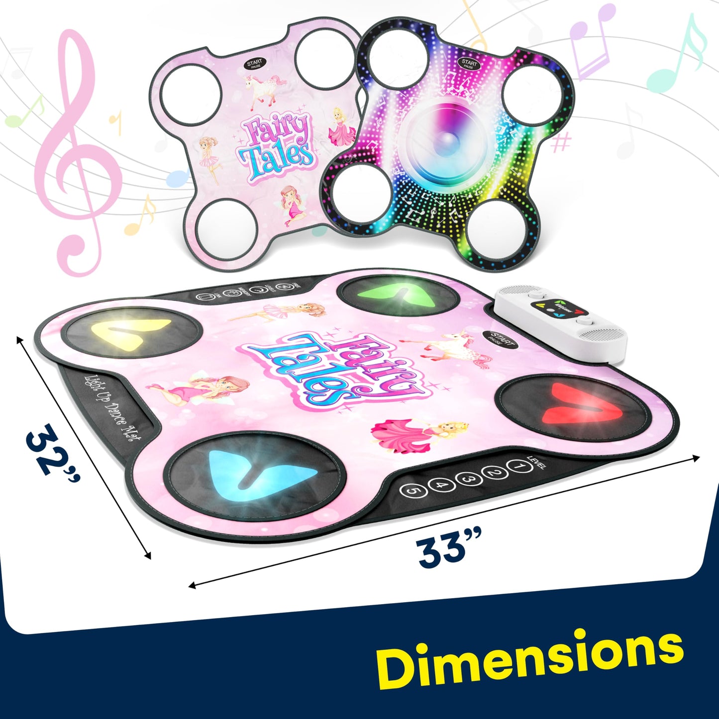 Kidzlane Light Up Dj Dance Mat For Kids - Bluetooth & Aux Compatible - 3 Fun Arcade Games With 5 Difficulty Levels - Detachable Top Mats With Fairytale & Speaker Motives - Adjustable Volume - Ages 6+
