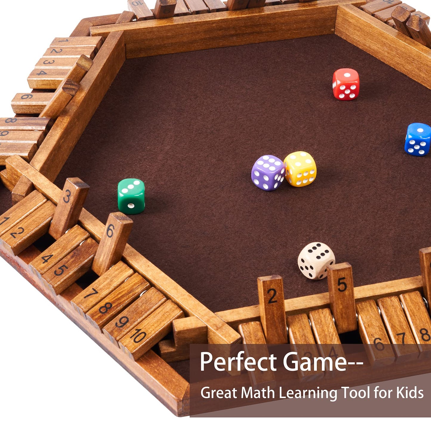 Vamslove Wooden Shut The Box Dice Game for 1-6 Players, Math Game with 16 Dice, Brown Finish, L15 x W13, Instructions Included