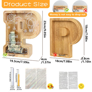 weallbuy Large Letter Piggy Bank for Kids Boys Girls Wooden Personalized Piggy Banks A-Z with Target Area Clear Alphabet Banknote Coin Banks for Gift Decoration Baptism (P)