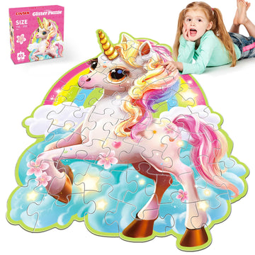 Unicorn Floor Puzzles For Kids Ages 4-6 & 3-8, Unicorn Toys For Girls Age 4-6, 45-Piece Blue Cardboard Shimmery Jigsaw Puzzles F