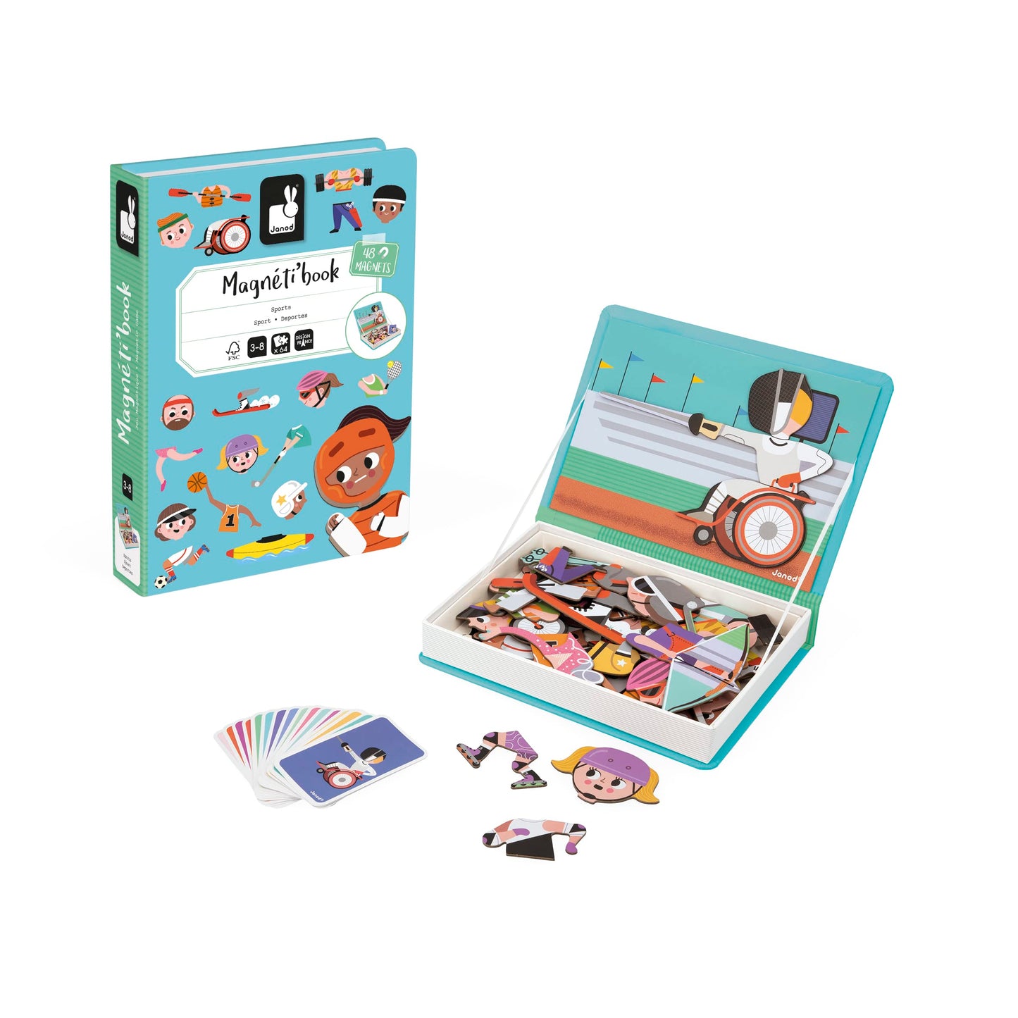 Janod Magn Ti'Book Sports Educational Game-48 Magnets + 16 Model Cards-Childrens Fsc Cardboard Toy-3 Years +, J02596, Multicolo