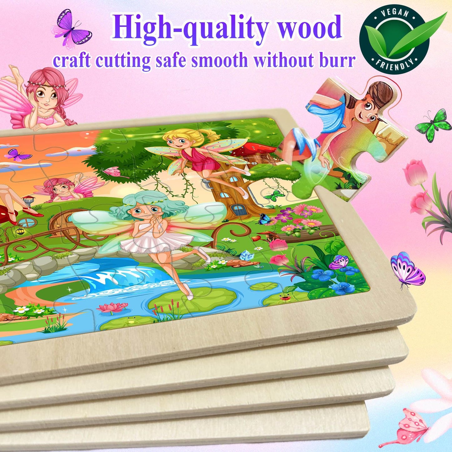 WaaLod Wooden Puzzles for Kids, 4 Pack, 24 Pieces, Educational Toys for Ages 4-6, Unicorn, Mermaid, Princess, Elf