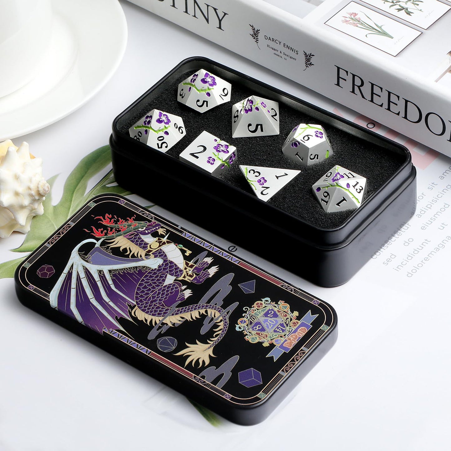 Flower Silver Metal Dice, DNDND 7 PCS Heavy Metallic D&D Dice Set with Grogeous Gift Case for Dungeons and Dragon Tabletop Game