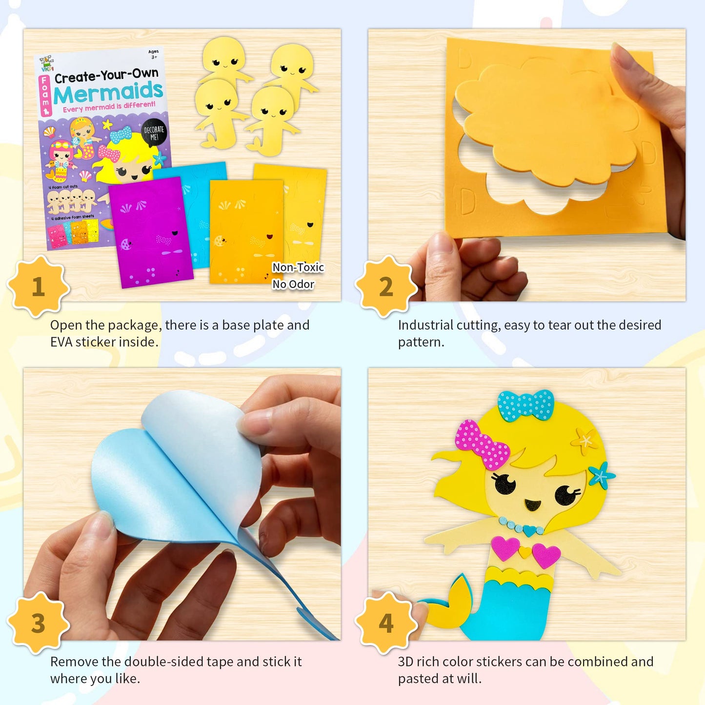 Vkpi 4 Pieces Eva Foam Art Crafts Gift Kit, Creative Make Your Own Mermaids, Cartoon Foam Paper Craft Projects For Kids Ages 4+
