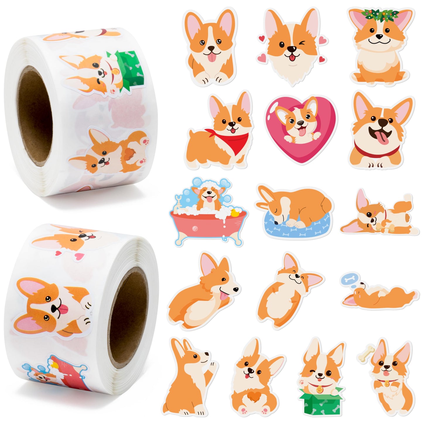 Beyumi Cute Corgi Roll Stickers - 1000Pcs Corgi Stickers In 2 Rolls Waterproof Vinyl Cute Fancy Pets Dogs Animal Decals For Cars Phone Laptop Bottle Notebook Luggage Computer Envelope Decor For Kids