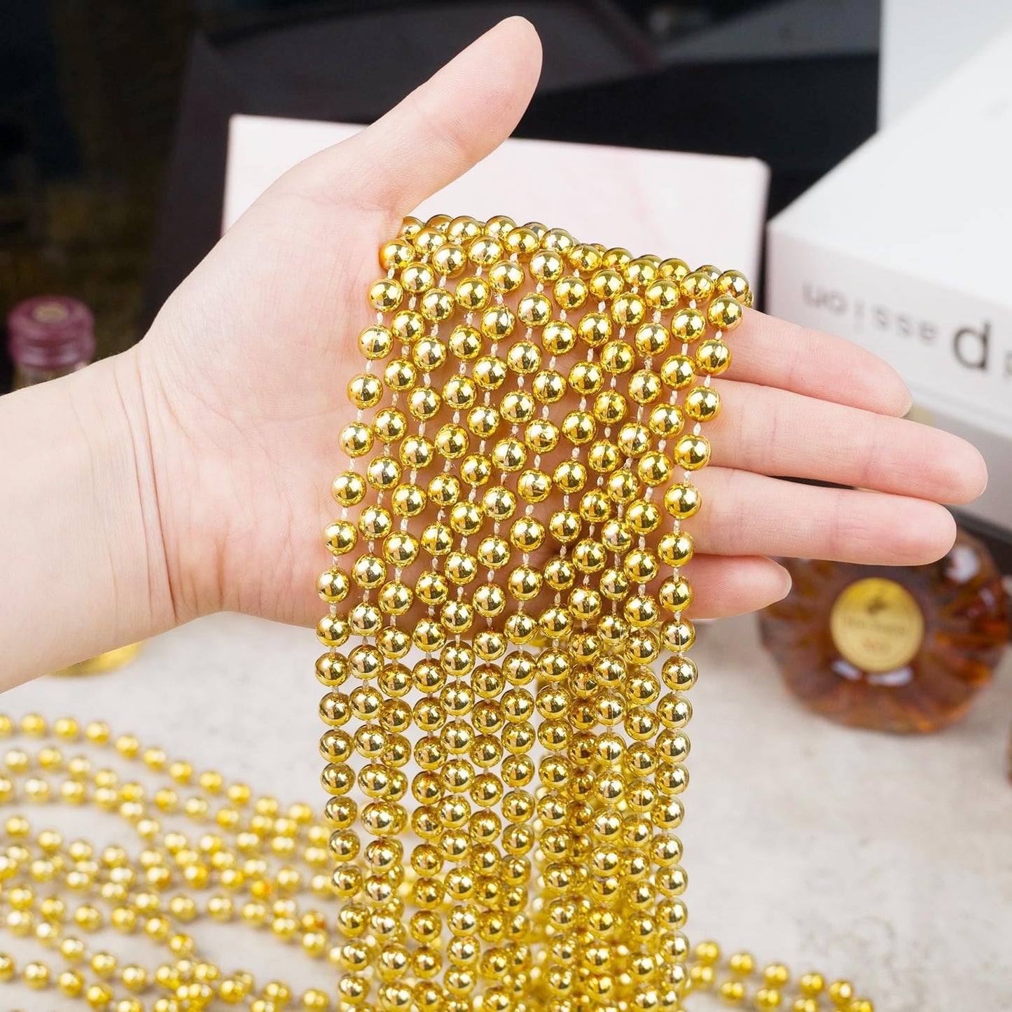 SHAOQINLIN 144 Pcs Gold Mardi Gras Beads, 33'' 7 mm Metallic Gold Bead Necklaces Round Party Beads Necklaces Bulk for Mardi Gras