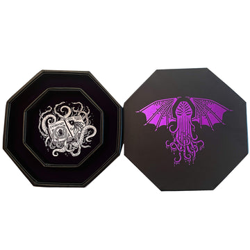 Fantasydice-Cthulhu Tome-Purple- Dice Tray - 8'' Octagon with Lid and Dice Staging Area- Holds 5 Sets(7 Dice Set/Standard) for A