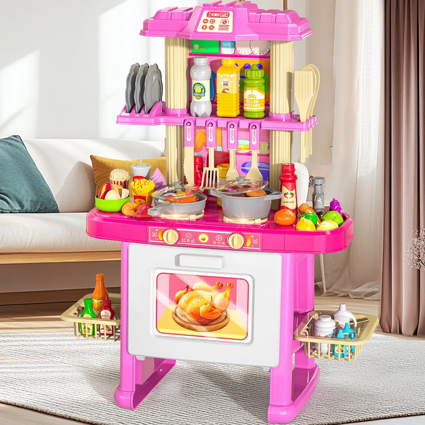 JUKUDAHU Pretend Food Kitchen Toys for Kids Age 3 4 5 6 7 8 - Girls Toys Play Kitchen with Toy Accessories for Girls, Play Dishe