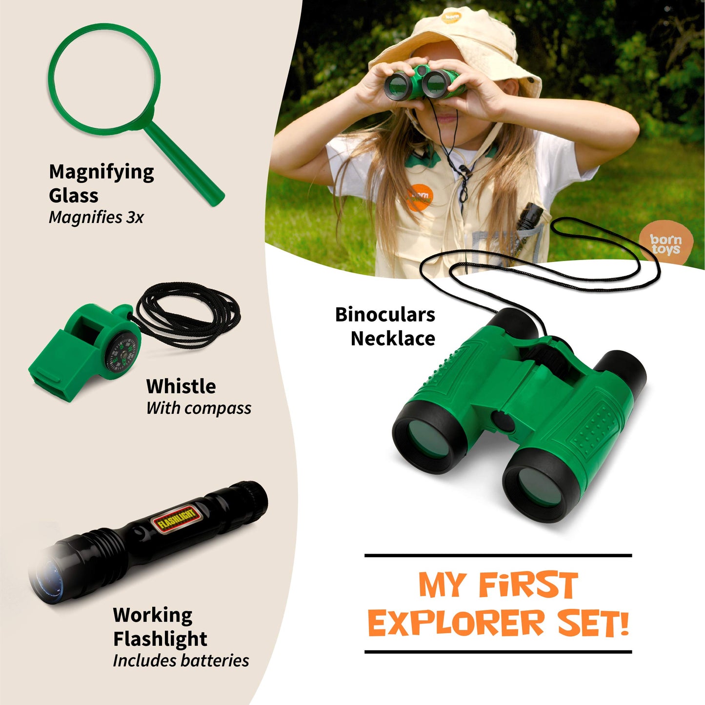Born Toys Premium Outdoor Explorer Kit For Kids For Dress Up & Pretend Play Costumes For Boys & Girls 3-7 W/ Washable Kids Safari Vest Safari Hat And Binoculars- Outdoor Explorer Set & Scavenger Hunt
