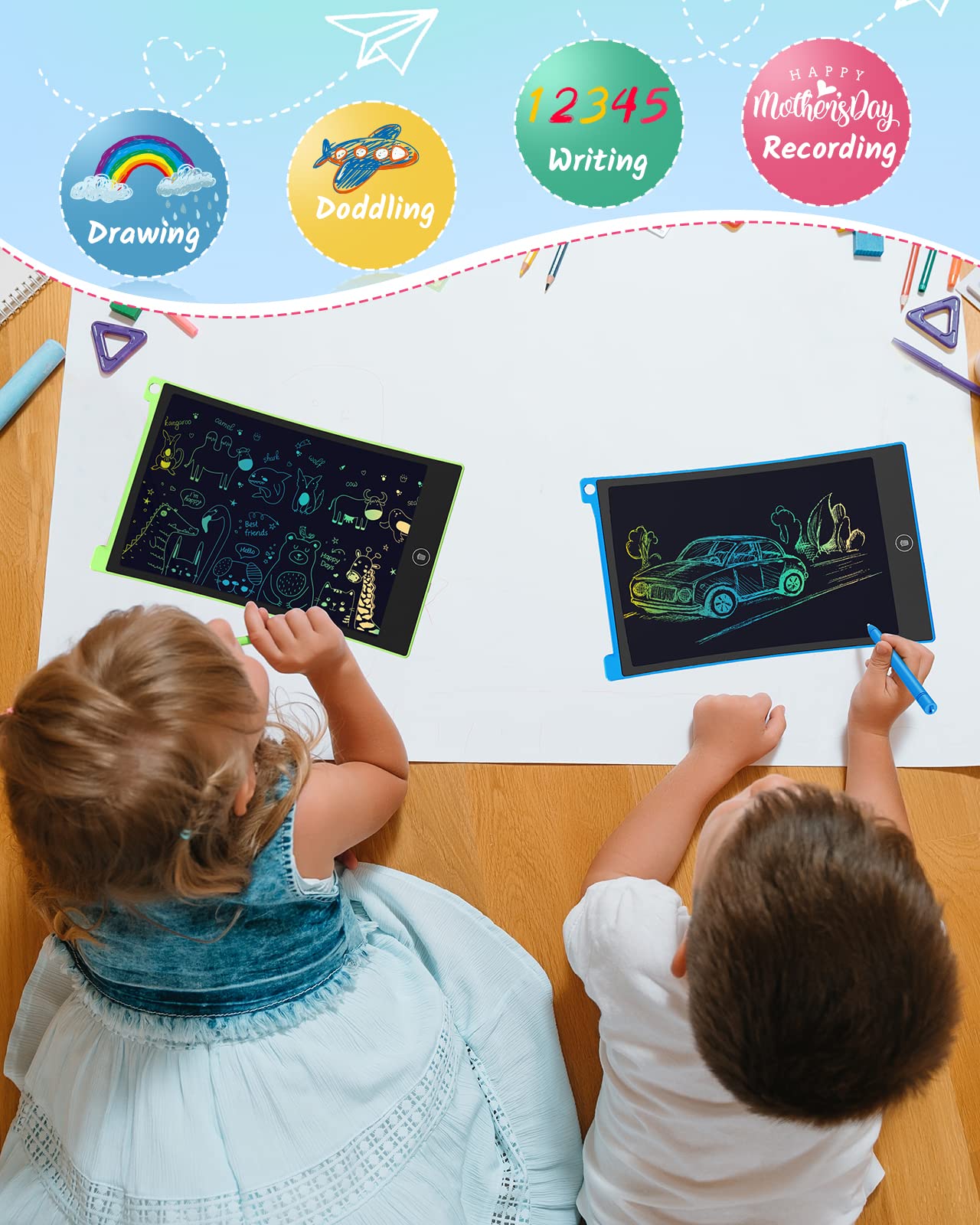 Tecjoe Lcd Writing Tablet, 8.5 Inch 2 Pack Colorful Doodle Board Drawing Tablet For Kids, Kids Travel Games Activity Learning Toys Birthday Gifts For 3 4 5 6 Year Old Boys And Girls, Blue Green