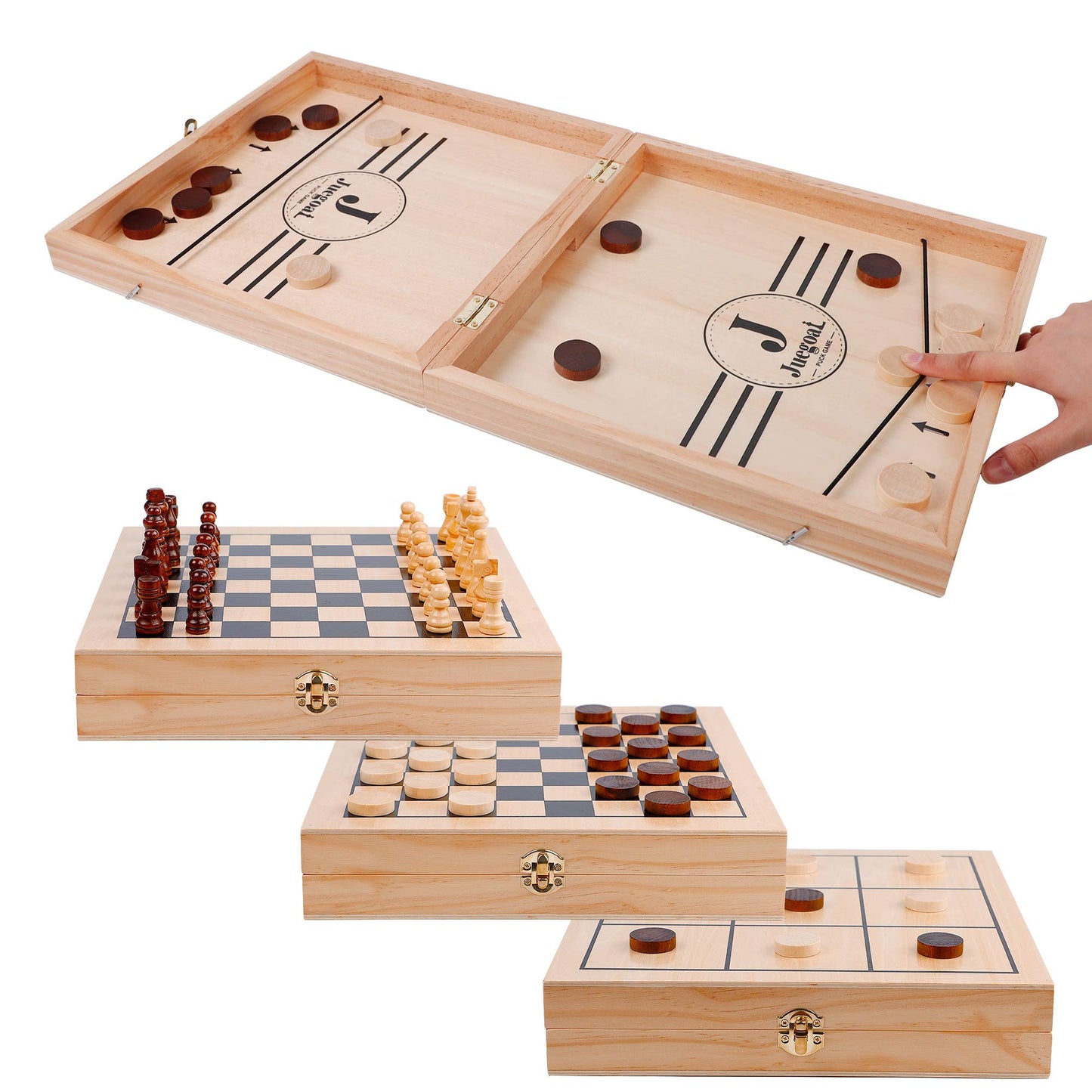 Juegoal 4-In-1 Wooden Fast Sling Puck Set For Kids And Adults, Chess, Checkers, Tic Tac Toe Games, Travel Portable Folding Tabletop Chess Board Game Sets, Interactive Families Toys