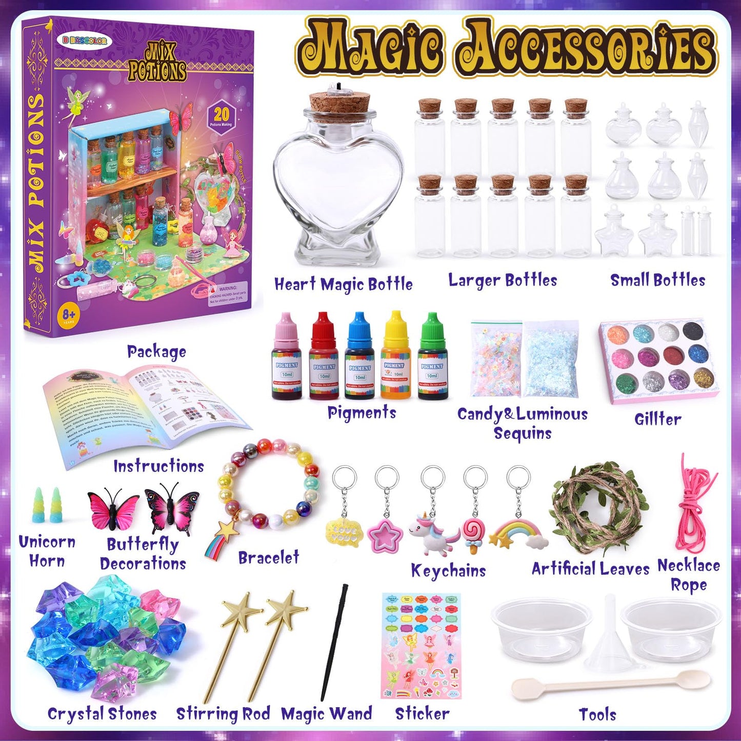 B Bascolor Fairy Themed Mixed Potion Craft Kit For Kids Girls - Potions Making Art Craft Diy Mixes Kit 21Pcs Potion Bottles, Cre