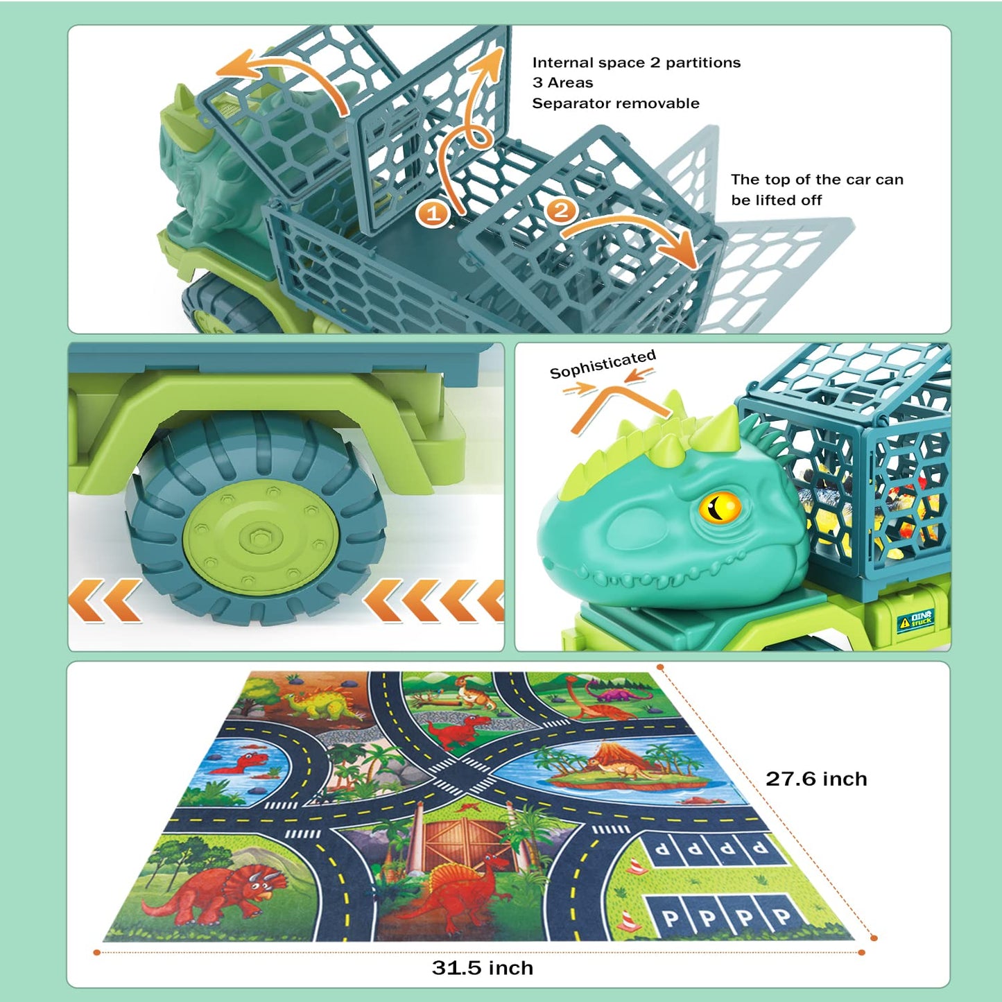 Hongid Dinosaur Truck Toy With 15 Dino Figures & Activity Play Mat, Dinosaur Eggs, Perfect For Kids 3-5 , Stocking Stuffer